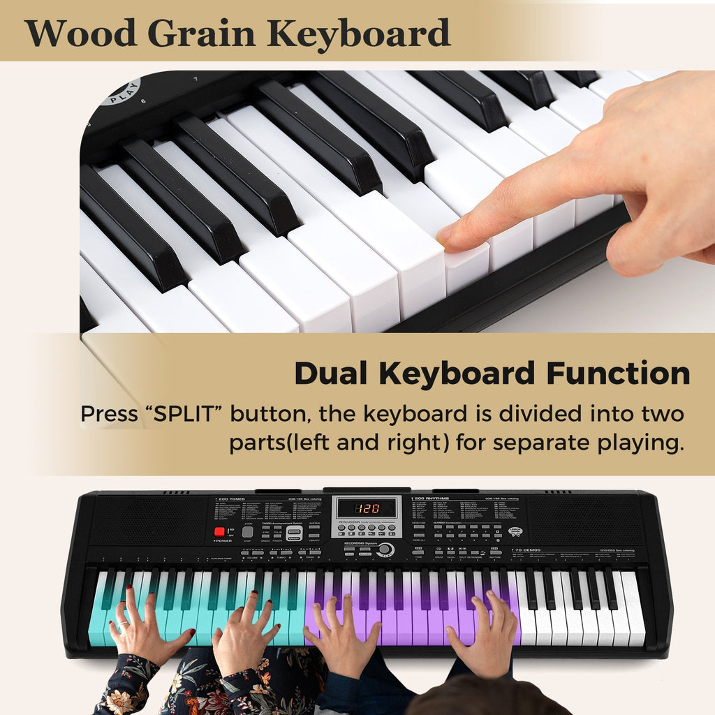 61 Keys Portable Keyboard for Beginners Electric Piano Keyboard Kit with 200 Rhythms and 200 Tones-Black