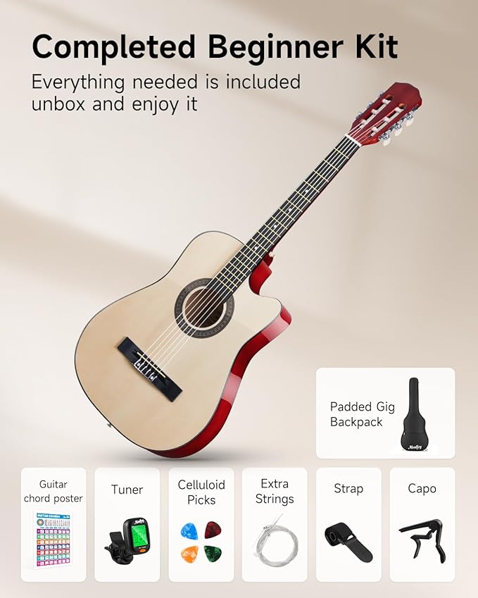 Moukey 38" Acoustic Guitar for Beginners Kids Youth Adult Cutaway Guitarra Acustica Kit with Chord Poster, Gig Bag, Tuner, Picks, Nylon Strings, Capo, Strap - Natural