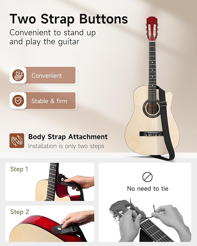 Moukey 38" Acoustic Guitar for Beginners Kids Youth Adult Cutaway Guitarra Acustica Kit with Chord Poster, Gig Bag, Tuner, Picks, Nylon Strings, Capo, Strap - Natural