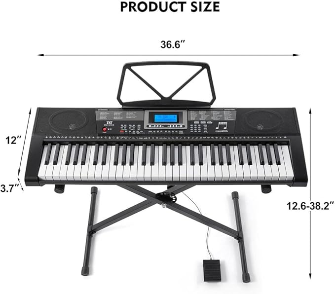 Piano Keyboard, Electric Keyboard Piano with light-Up Key, 255 Tones & Rhythms, Smart Learning System, Headphone/Mic, Stand, Bench, 61 Key Piano Keyboard for Beginners, Kids (Black-1)