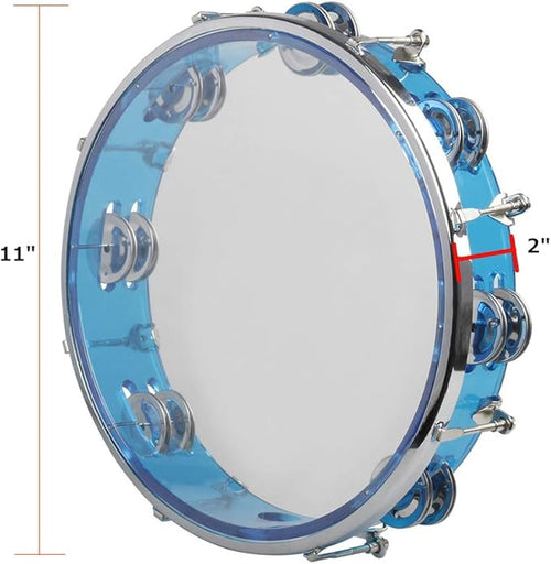 ENNBOM Tambourine Adjustable Tone Hand Drum Double Row Metal Jingles Hand Bell Performance Level Handheld Percussion (Blue)
