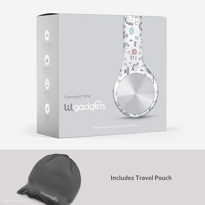LilGadgets Connect+ Wired Kids Headphones for School with Microphone, Noise & Volume Reducing Over-Ear Headset with Cord, SharePort Technology & SoftTouch Padding, Magical Unicorns Headphones for Kids
