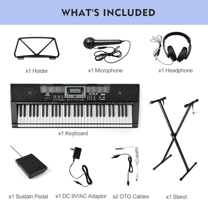 Piano Keyboard, Electric Keyboard Piano with light-Up Key, 255 Tones & Rhythms, Smart Learning System, Headphone/Mic, Stand, Bench, 61 Key Piano Keyboard for Beginners, Kids (Black-1)
