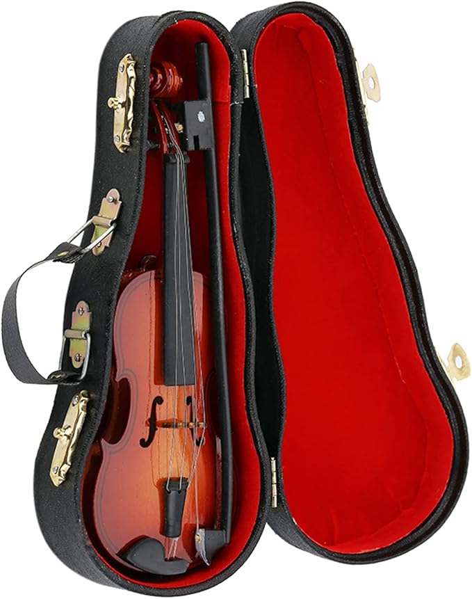 Wooden Miniature Violin Model, 5.5in Mini Musical Instrument Replica Model Handmade Display Accessory with Bow and Case for Room Home Office Decoration Ornament Craft Birthday Gift