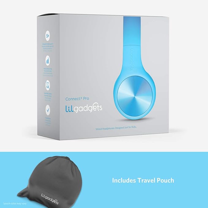 LilGadgets Connect+ Pro Wired Kids Headphones for School w/Microphone, Volume Limiting & Noise Reduction Over-Ear Headset with Cord, SharePort Technology & SoftTouch Padding, Blue Headphones for Kids