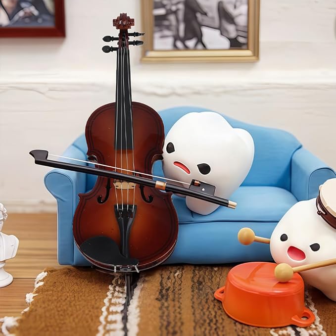 Wooden Miniature Violin Model, 5.5in Mini Musical Instrument Replica Model Handmade Display Accessory with Bow and Case for Room Home Office Decoration Ornament Craft Birthday Gift