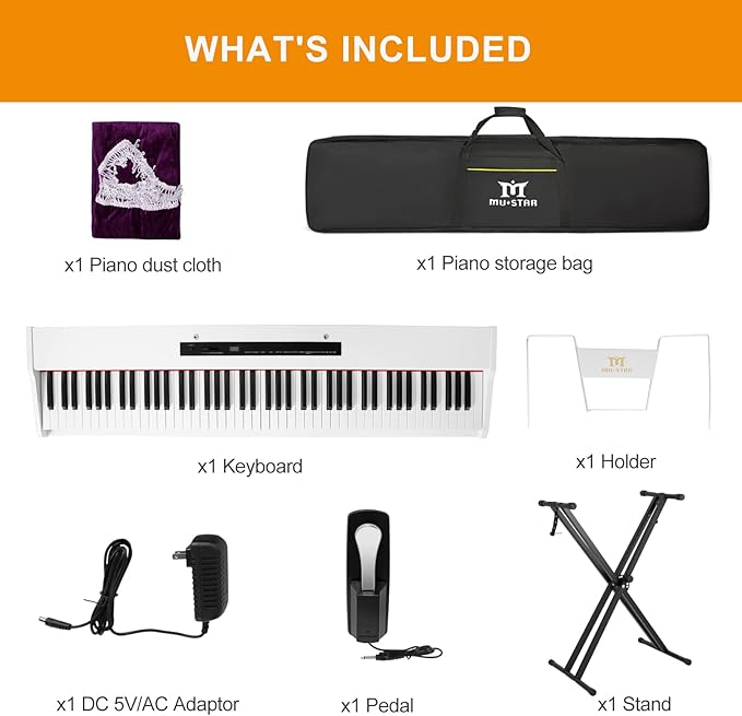 MUSTAR Digital Piano 88 Key Weighted with Stand, 88 Key Semi Weighted Keyboard Piano MEP-1000, Portable Electric Piano Keyboard 88 Keys with Bluetooth Connection, Case, Sustain Pedal, MDF, White
