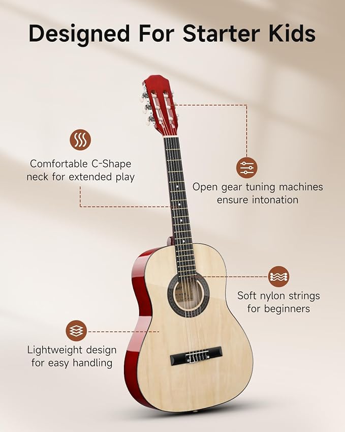 Moukey 36 Inch Acoustic Guitar for Beginners Kids Youth 3/4 Size Dreadnought Travel Guitarra Acustica Kit with Chord Poster, Gig Bag, Tuner, Picks, Nylon Strings, Capo, Strap - Natural