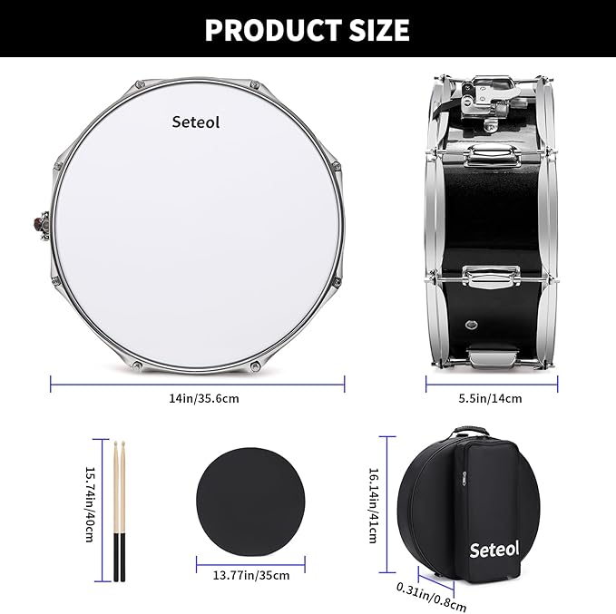 Snare Drum Kit, 14" x 5.5" Marching Snare Drum + Storage Padded Bag + Silent Mute Pad + Pair Of 5A Drumsticks + Drums Key, Portable Drums Hardware Set for Adults Kids Student Beginners (Black)