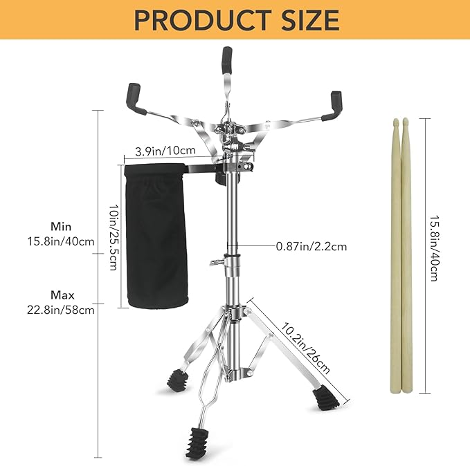 Snare Drum Stand Snare Stand with Drumstick Holder and a Pair of 5A Drum Sticks Fit for 8 to 15 Inch Snare Drum and Practice Pad, Adjustable Height 15.8 to 22.8 Inches for Drum Beginners