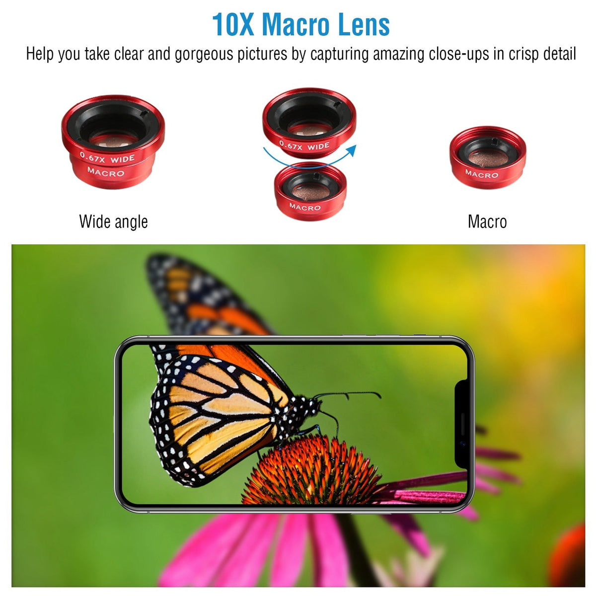Phone Camera Lens Kit Magnetic 180¡Fisheye Lens 0.67xWide Angle 10X Macro Lens for iPhone X /8/7/6s Samsung Galaxy S10/S9