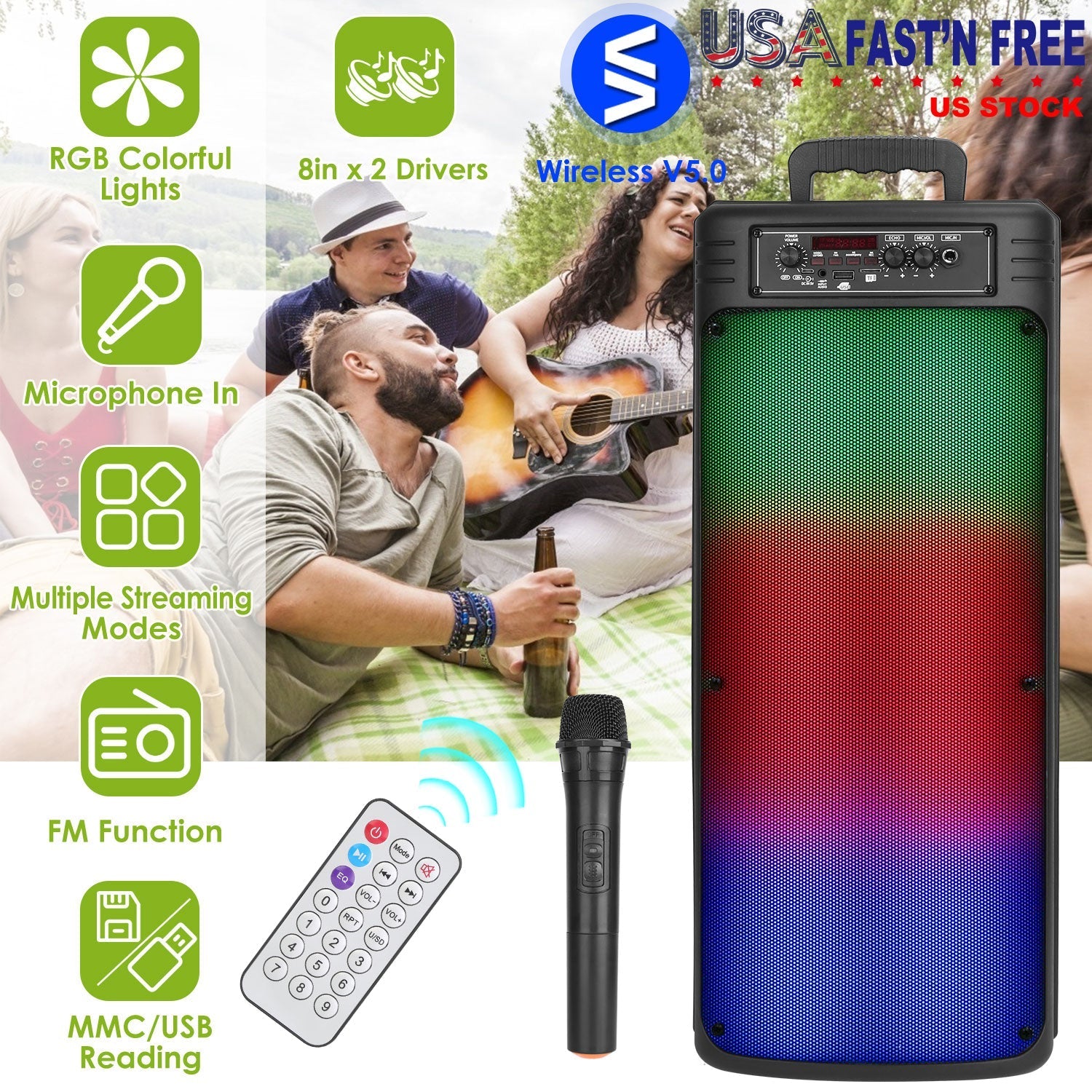 Portable Wireless Party Speaker Dual 8in Colorful Lights DJ PA System with TWS Function FM Radio USB MMC Card Reading Aux In Recording Function Wirele