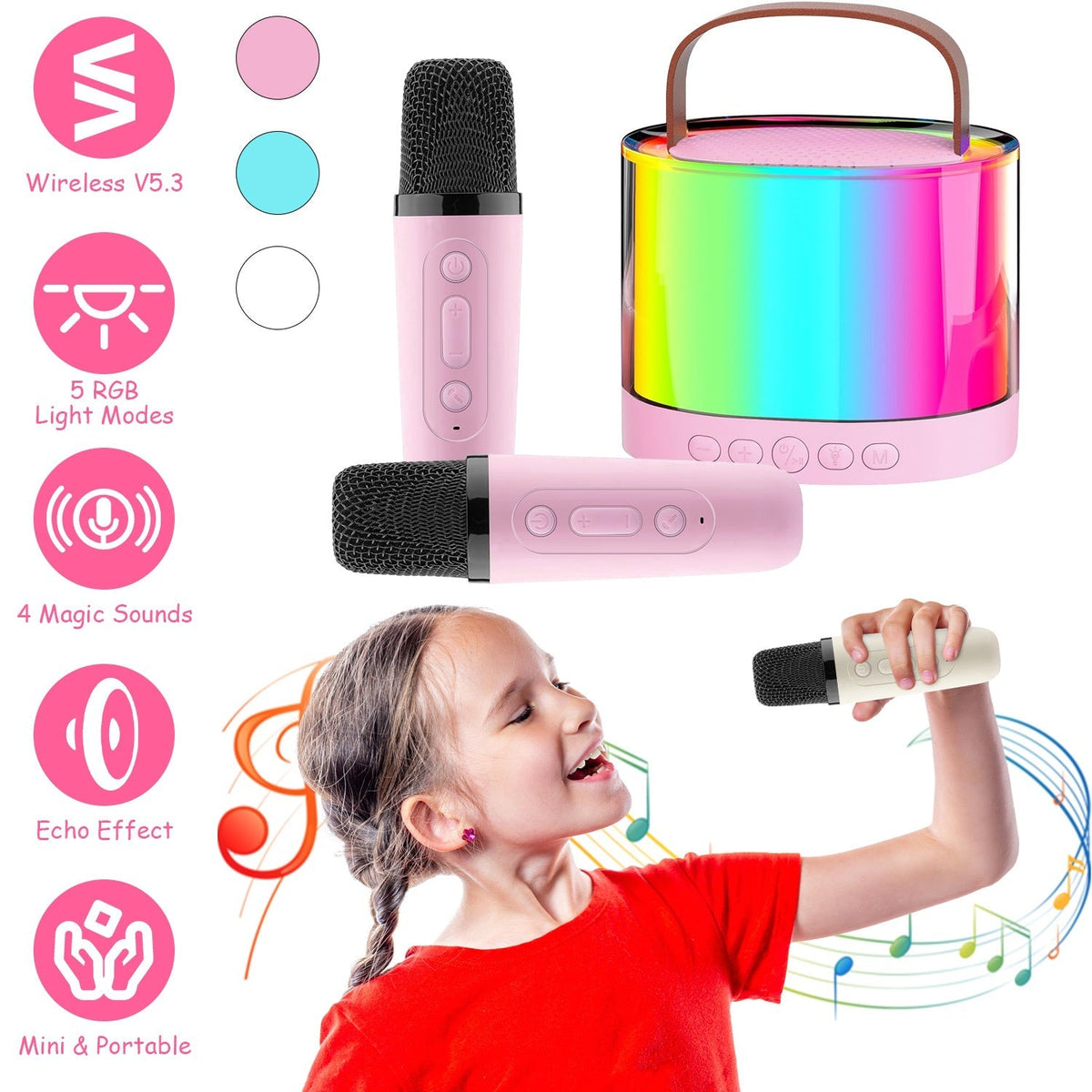 Mini Karaoke Machine With 2 Wireless Microphones Portable Karaoke Set for Kids Adults with RGB Lights Magic Sounds Echo Effect Gift for Boys Girls