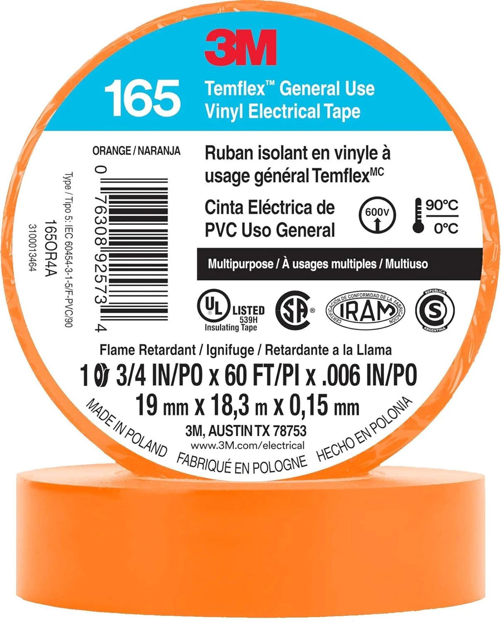 3M Temflex Electrical Tape 165, 3/4 In x 60 ft