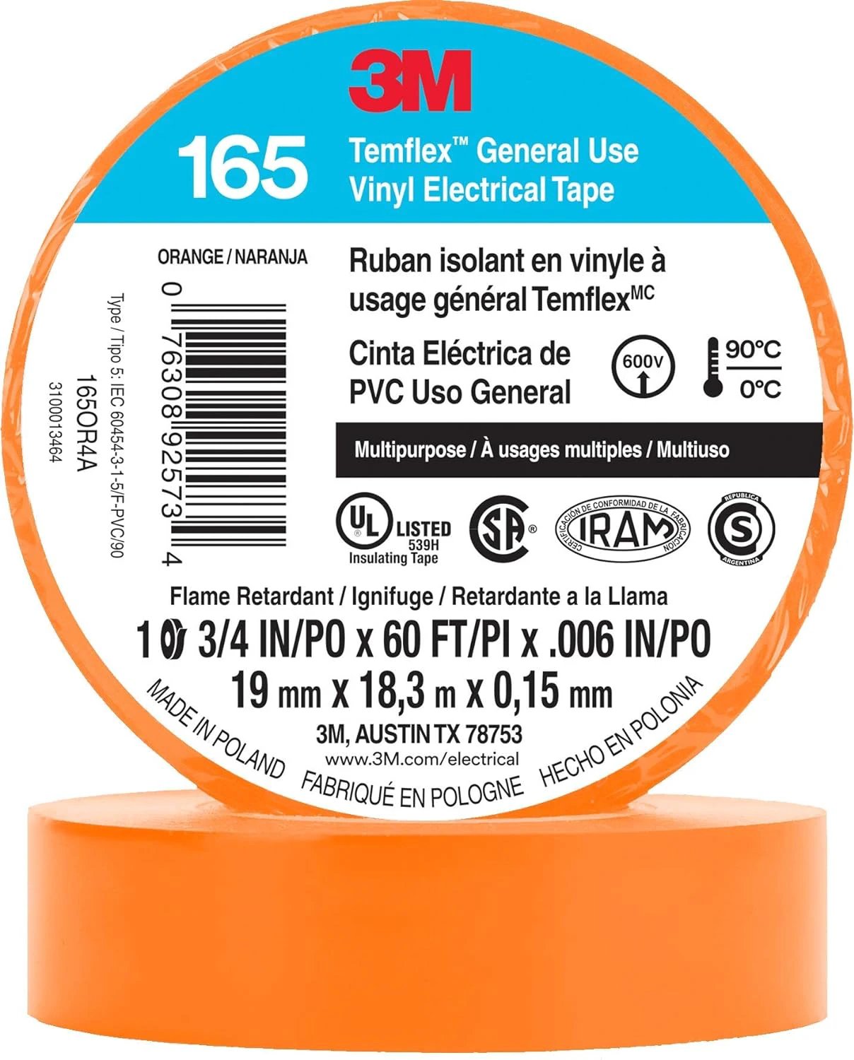 3M Temflex Electrical Tape 165, 3/4 In x 60 ft
