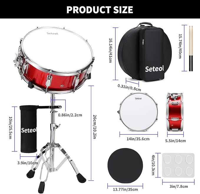 Snare Drum Set, 14" x 5.5" Marching Snare Drum with Stand & Storage Padded Bag + Silent Mute Pad + Drums Sticks + Drumstick Holder + Drums Key + Damper Gels for Adults Kids Beginners (Red)