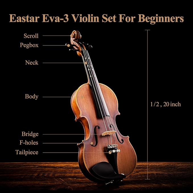 Eastar 1/2 Violin Set Half Size Fiddle EVA-3 Matte for Beginners with Hard Case, Rosin, Shoulder Rest, Bow, and Extra Strings (Imprinted Finger Guide on Fingerboard)