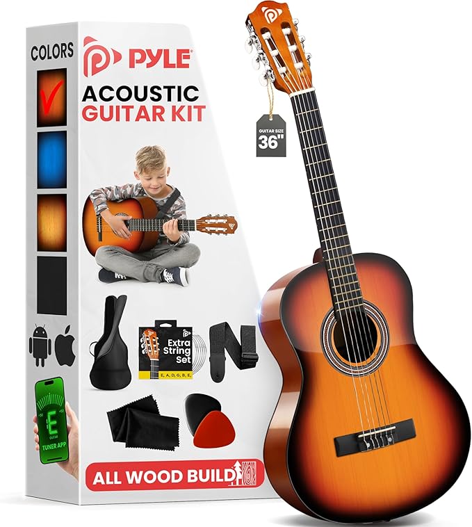 Pyle Beginner Acoustic Guitar Kit, 3/4 Junior Size All Wood Instrument for Kids, Adults, 36" Sun Burst, Gloss