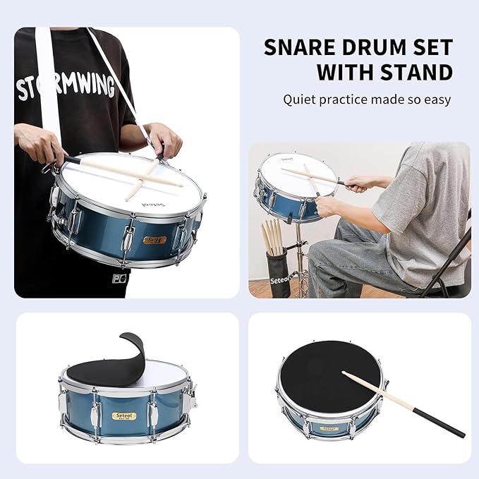 Snare Drum Kit, 14" x 5.5" Marching Snare Drum + Storage Padded Bag + Silent Mute Pad + A Pair Of 5A Drumsticks + Drums Key, Portable Drums Hardware Set for Adults Kids Student Beginners (Blue)