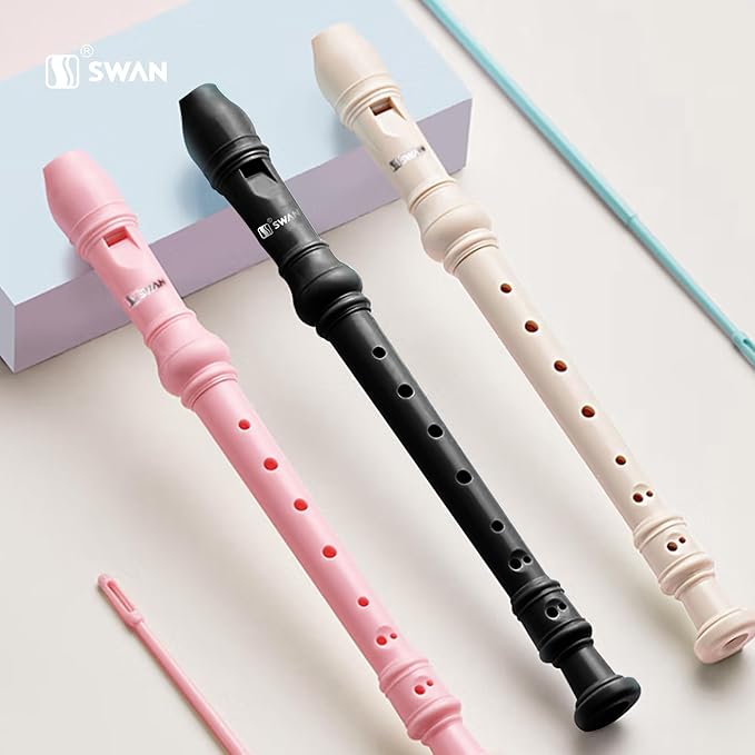 SWAN Soprano Recorder Instrument for Beginners Kids Student - German Fingering 8 Hole Flute Descant Recorders with Cleaning Rod Fingering Chart, Black