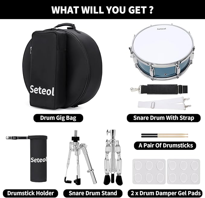 Snare Drum Set, 14" x 5.5" Marching Snare Drum with Stand & Storage Padded Bag + Silent Mute Pad + Drums Sticks + Drumstick Holder + Drums Key + Damper Gels for Adults Kids Beginners (Blue)