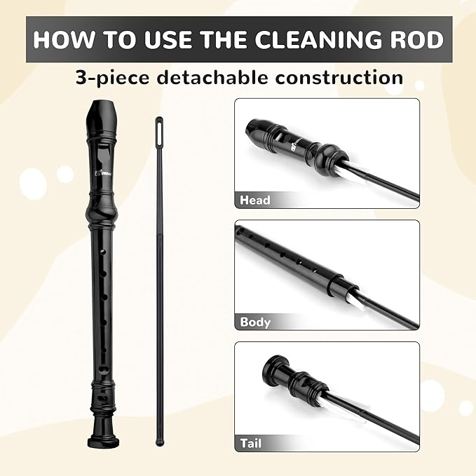 SWAN Soprano Recorder Instrument for Beginners Kids Student - German Fingering 8 Hole Flute Descant Recorders with Cleaning Rod Fingering Chart, Black