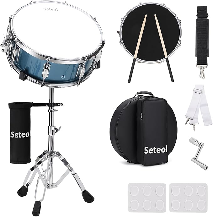 Snare Drum Set, 14" x 5.5" Marching Snare Drum with Stand & Storage Padded Bag + Silent Mute Pad + Drums Sticks + Drumstick Holder + Drums Key + Damper Gels for Adults Kids Beginners (Blue)