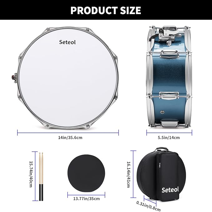 Snare Drum Kit, 14" x 5.5" Marching Snare Drum + Storage Padded Bag + Silent Mute Pad + A Pair Of 5A Drumsticks + Drums Key, Portable Drums Hardware Set for Adults Kids Student Beginners (Blue)