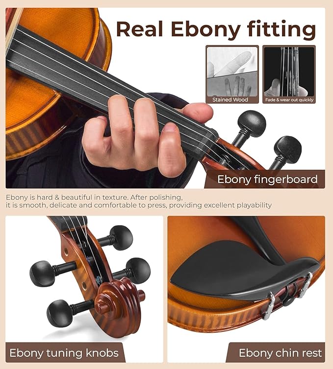 Violin Acoustic Fiddle Kit Professional Solid Wood Violin Unique Maple Wood Pattern Premium Ebony Fitting Starter Kit for Beginner Adults, Full Size By Vangoa