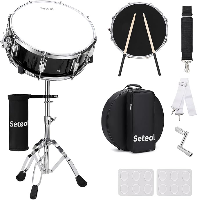 Snare Drum Set, 14" x 5.5" Marching Snare Drum with Stand & Storage Padded Bag + Silent Mute Pad + Drums Sticks + Drumstick Holder + Drums Key + Damper Gels for Adults Kids Beginners (Black)