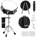 Snare Drum Set, 14" x 5.5" Marching Snare Drum with Stand & Storage Padded Bag + Silent Mute Pad + Drums Sticks + Drumstick Holder + Drums Key + Damper Gels for Adults Kids Beginners (Black)