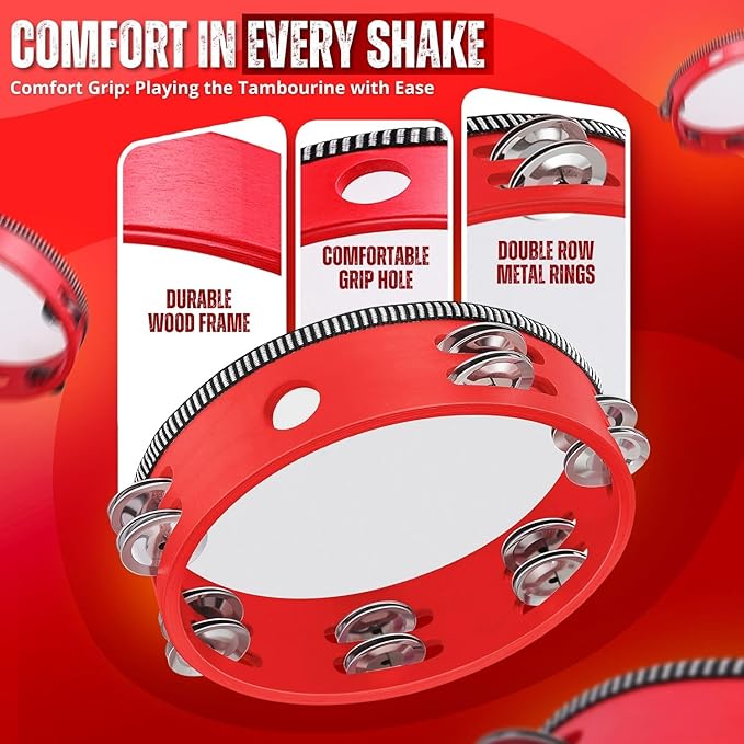 Flexzion Wood Handheld Tambourine (2 Pack) 8 Inch Double Row 12 Pair Jingles, Hand Held Percussion Drum Moon Musical Instrument with Metal Bell