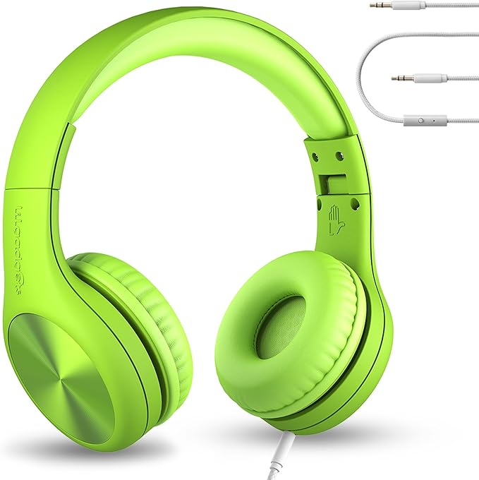 LilGadgets Connect+ Pro Wired Kids Headphones for School w/Microphone, Volume Limiting & Noise Reduction Over-Ear Headset w/Cord, SharePort Technology & SoftTouch Padding, Green Headphones for Kids