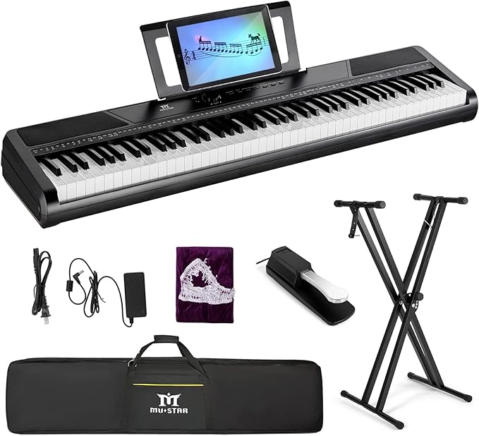 MUSTAR Digital Piano 88 Key Weighted with Stand, 88 Key Semi Weighted Keyboard Piano MEP-1100, Electric Piano Keyboard 88 Keys for Beginners, 2x25W Stereo Speakers, Case, Sustain Pedal, ABS, Black