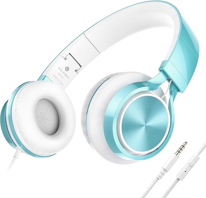 AILIHEN Kids Headphones for School Boys, Headphones with Microphone for Chromebook Laptop Computer Smartphone, 3.5mm Foldable Lightweight Headset for Teen Teenager (Lime Green)