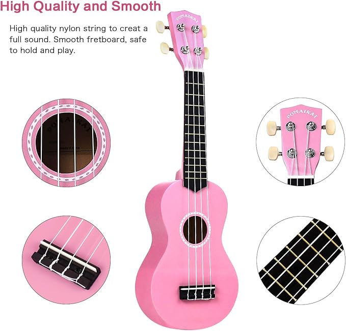 POMAIKAI Soprano Ukulele for Beginners, 21 Inch Ukulele Wood Toddler Guitar Small Hawaiian Ukalalee Starter (Pink)