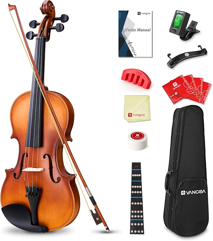 Vangoa 4/4 Violin Full Size Set Spruce Acoustic Violin Fiddle Beginner Kit for Adults Students Kids Teens with Hard Case, Rosin, Shoulder Rest, Bow, Strings, Note Stickers, Mute, Manual, Natural