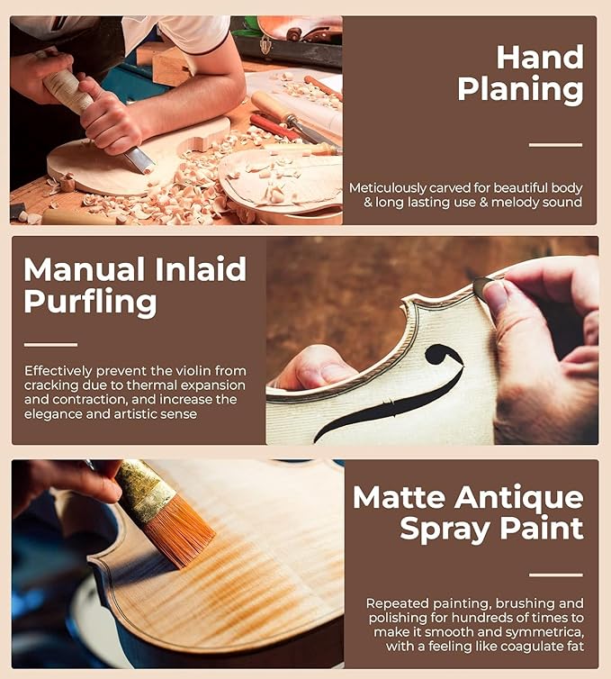 Violin Acoustic Fiddle Kit Professional Solid Wood Violin Unique Maple Wood Pattern Premium Ebony Fitting Starter Kit for Beginner Adults, Full Size By Vangoa