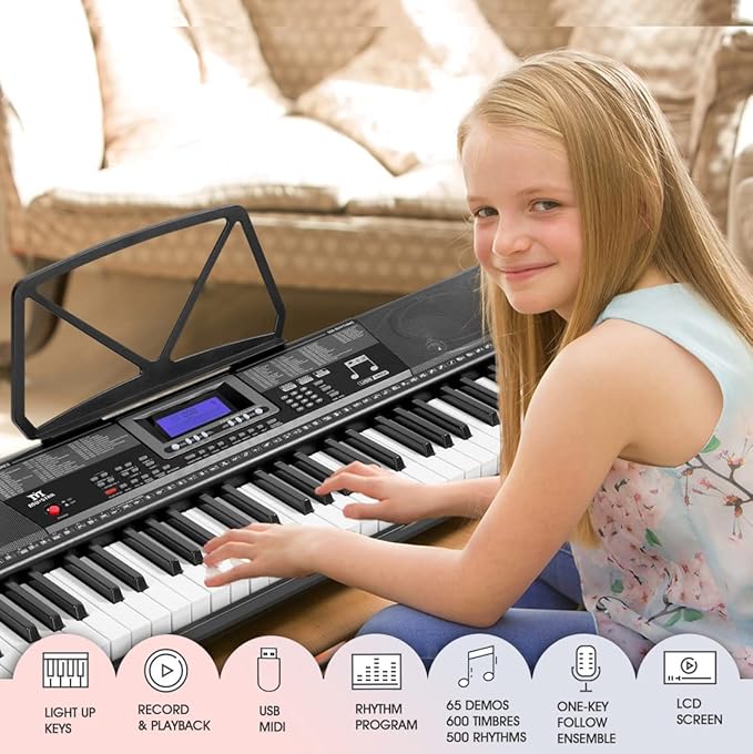 Piano Keyboard, Electric Keyboard Piano with light-Up Key, 255 Tones & Rhythms, Smart Learning System, Headphone/Mic, Stand, Bench, 61 Key Piano Keyboard for Beginners, Kids (Black-1)