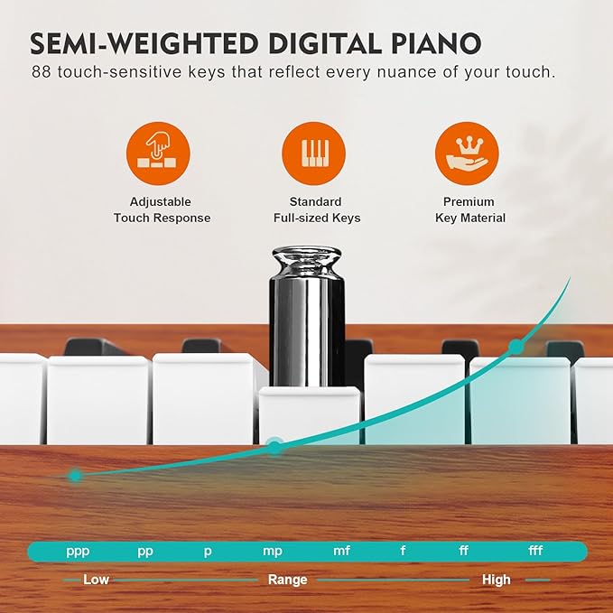 MUSTAR Digital Piano 88 Weighted Keys with Stand Touch Sensitivity, 88 Key Semi Weighted Keyboard Piano Portable Electric Piano for Beginners, Dual Stereo Speakers, Case, Sustain Pedal (Brown-MDF)