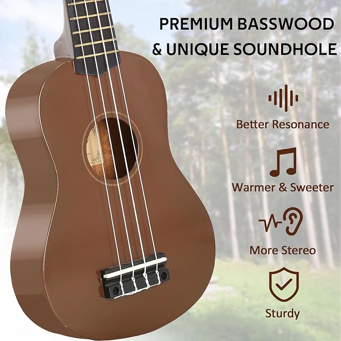 POMAIKAI Soprano Wood Ukulele Starter Ukelele Hawaii Guitar 21 Inch for Beginners and Students(Brown)