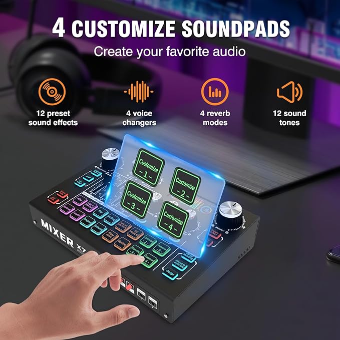 RHM Podcast Equipment Bundle with 48V Phantom Power & Condenser Microphone, 4 Customized Soundpads, 12 Preset Sound Effects, 4 Voice Changing Modes & LCD Display, for PC/Phone/Live Streaming