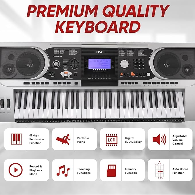 Pyle, Digital Musical Karaoke Portable Electronic Piano Includes Water-Resistant Case Bag, Keyboard Stand, Sustain Pedal & Headset (61 Keys), Compact (PKBRD6175P)