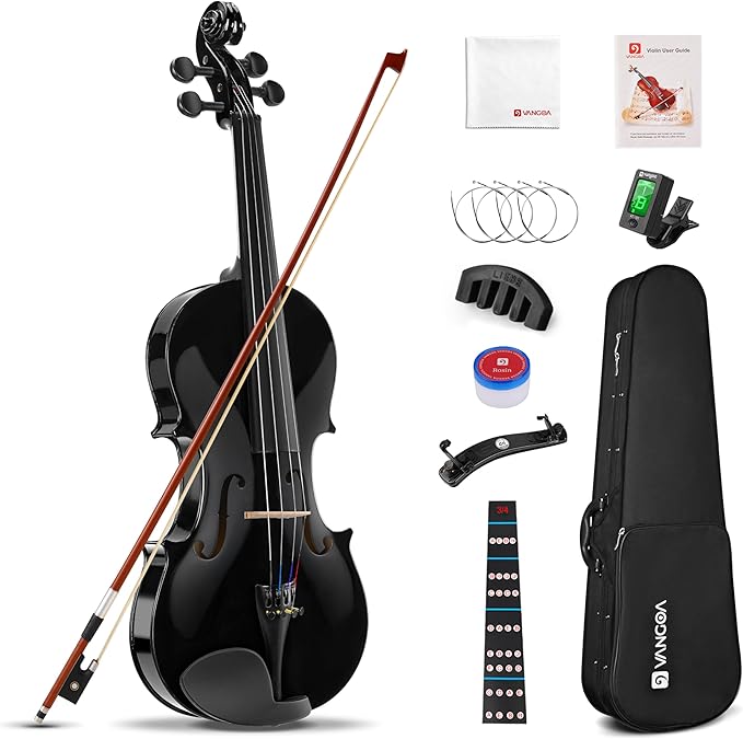 Vangoa 4/4 Full Size Beginner Violin Set, Acoustic Violin for Adults, Teens and Children over 11, Violin Beginner Set (with Hard Case, Rosin, Shoulder Rest, Bow, Spare Strings, Mutes and Black Set)