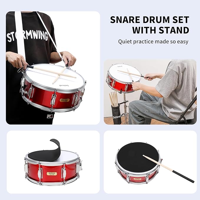 Snare Drum Set, 14" x 5.5" Marching Snare Drum with Stand & Storage Padded Bag + Silent Mute Pad + Drums Sticks + Drumstick Holder + Drums Key + Damper Gels for Adults Kids Beginners (Red)