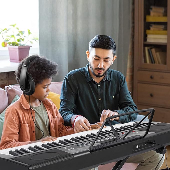 Piano Keyboard, Electric Keyboard Piano with light-Up Key, 255 Tones & Rhythms, Smart Learning System, Headphone/Mic, Stand, Bench, 61 Key Piano Keyboard for Beginners, Kids (Black-1)