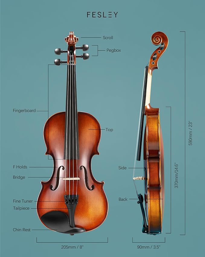 Fesley Violin Fiddle Full Set: 4/4 Matt Violin Kit for Beginners, Acoustic Violin with Hard Case, Solidwood Hand Made Starter Kit with Bow, Rosin, Shoulder Rest, Tuner, Extra Strings