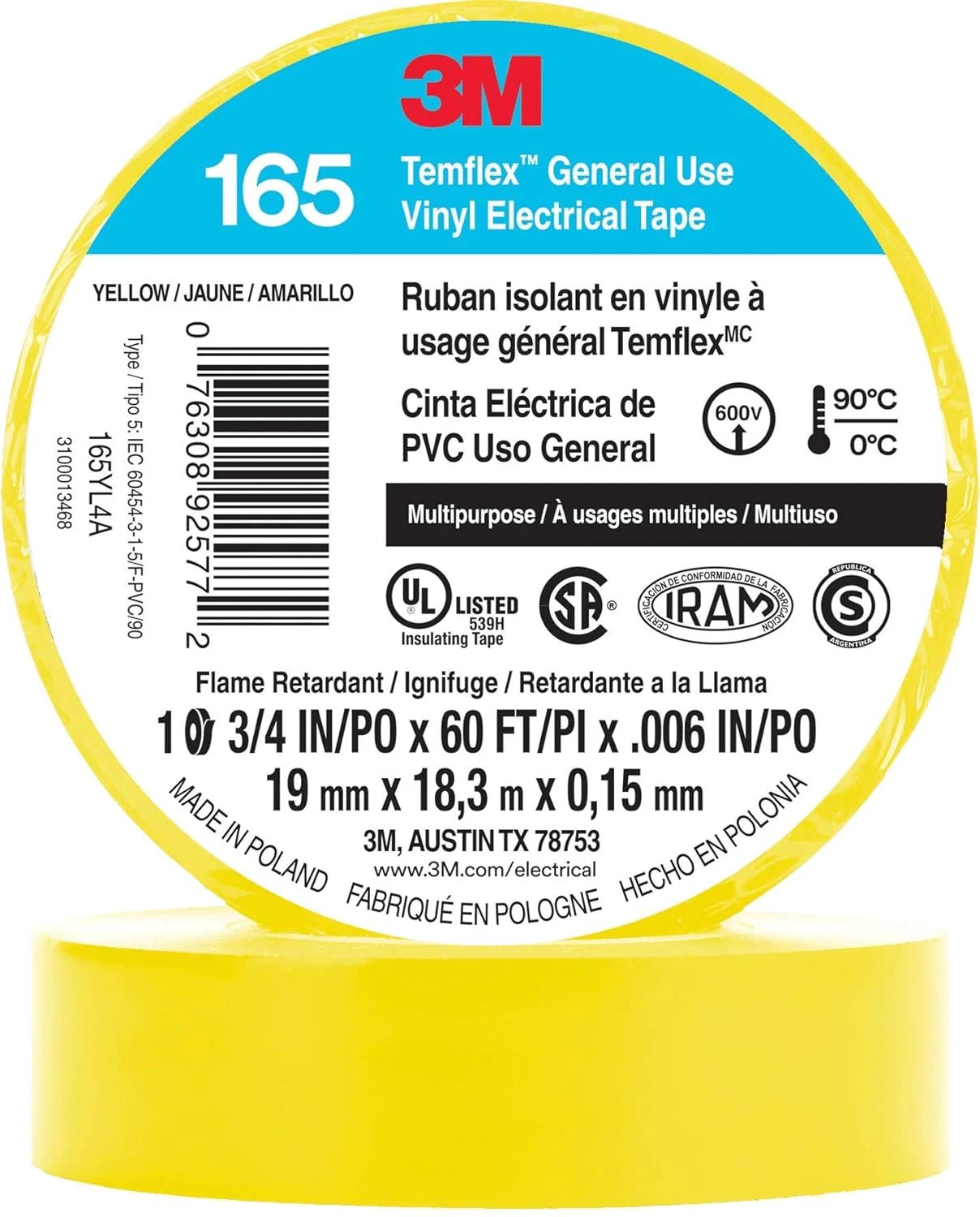 3M Temflex Electrical Tape 165, 3/4 In x 60 ft
