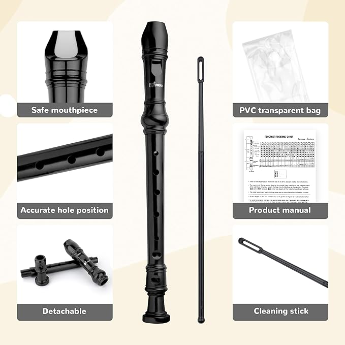 SWAN Soprano Recorder Instrument for Beginners Kids Student - German Fingering 8 Hole Flute Descant Recorders with Cleaning Rod Fingering Chart, Black
