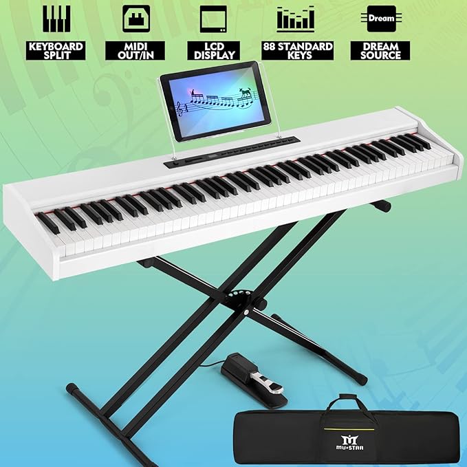 MUSTAR Digital Piano 88 Key Weighted with Stand, 88 Key Semi Weighted Keyboard Piano MEP-1000, Portable Electric Piano Keyboard 88 Keys with Bluetooth Connection, Case, Sustain Pedal, MDF, White